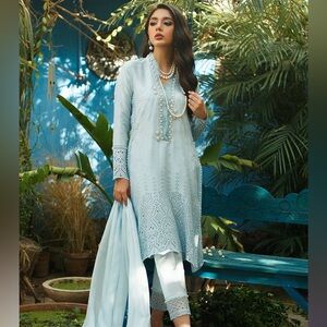 Farah Talib Aziz Daphne Shirt, Trouser and Dupatta in Ice Blue Size Medium